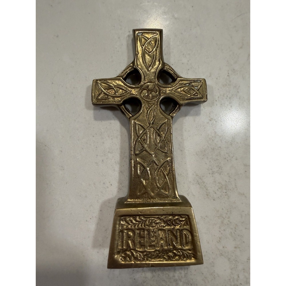Vintage Irish Heavy Brass Celtic Cross Paperweight Knotwork Souvenir Ireland